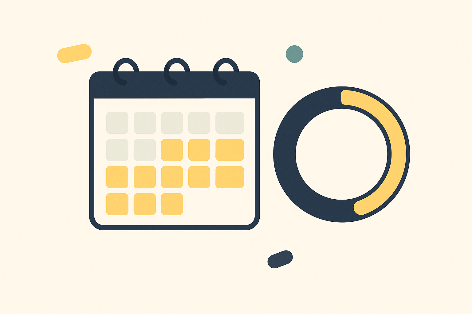 A wall calendar with the remaining months shaded and a circular year-progress ring beside it