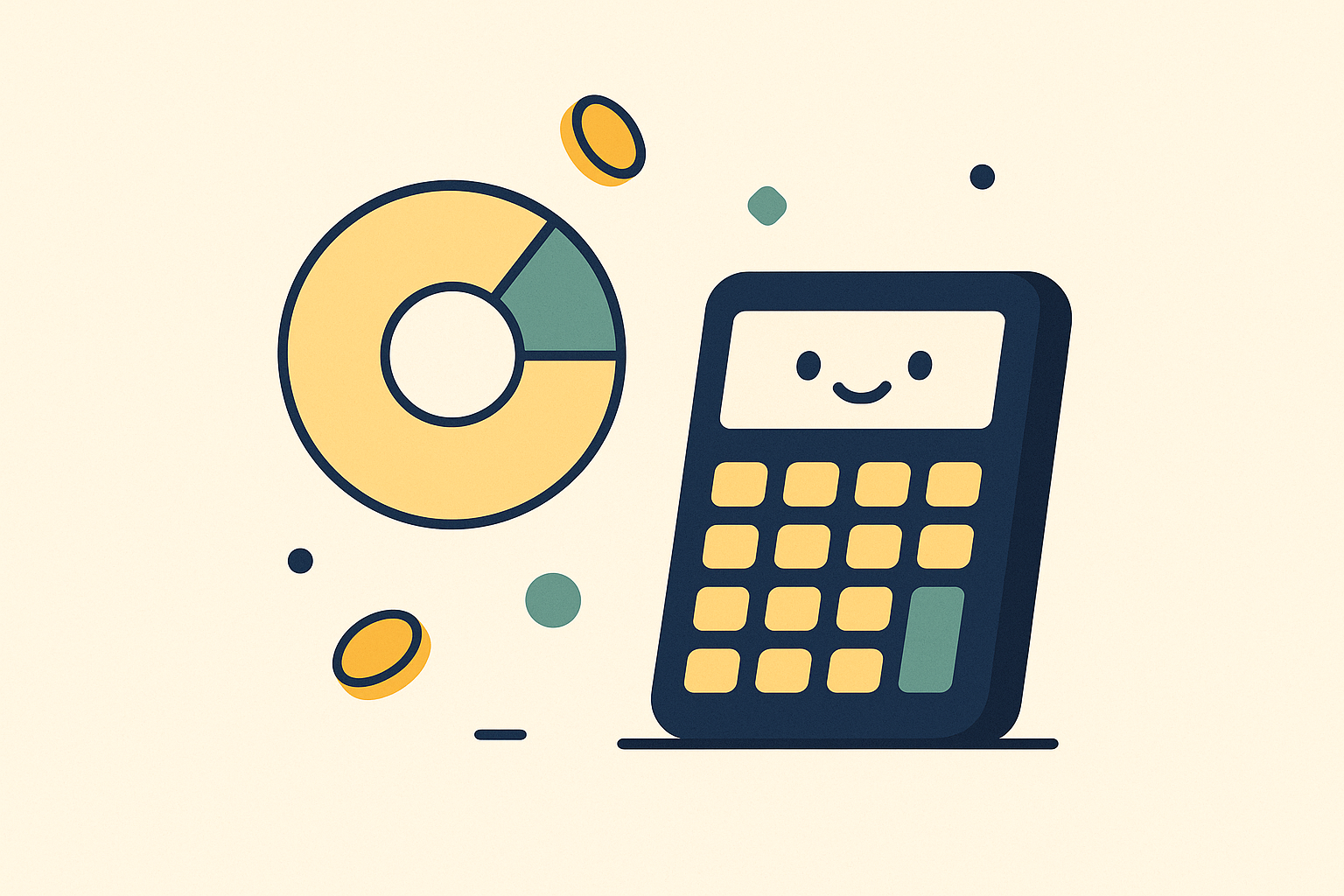 A friendly calculator beside a donut chart with one segment filled, showing a portion of a whole