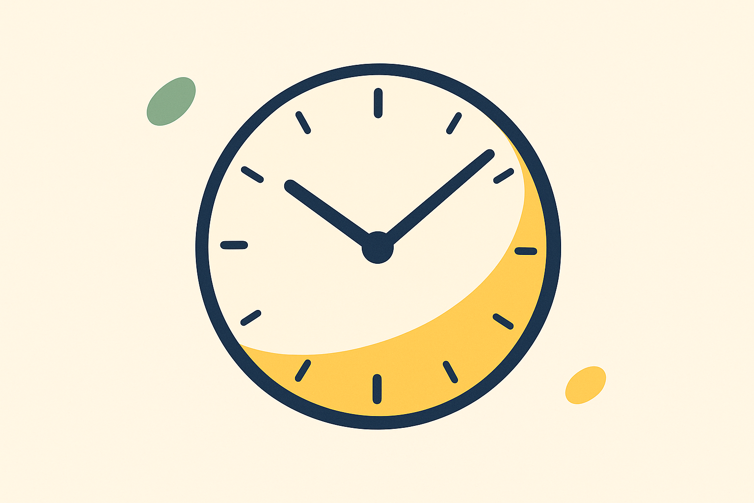A clock face with a shaded arc marking the span between two times