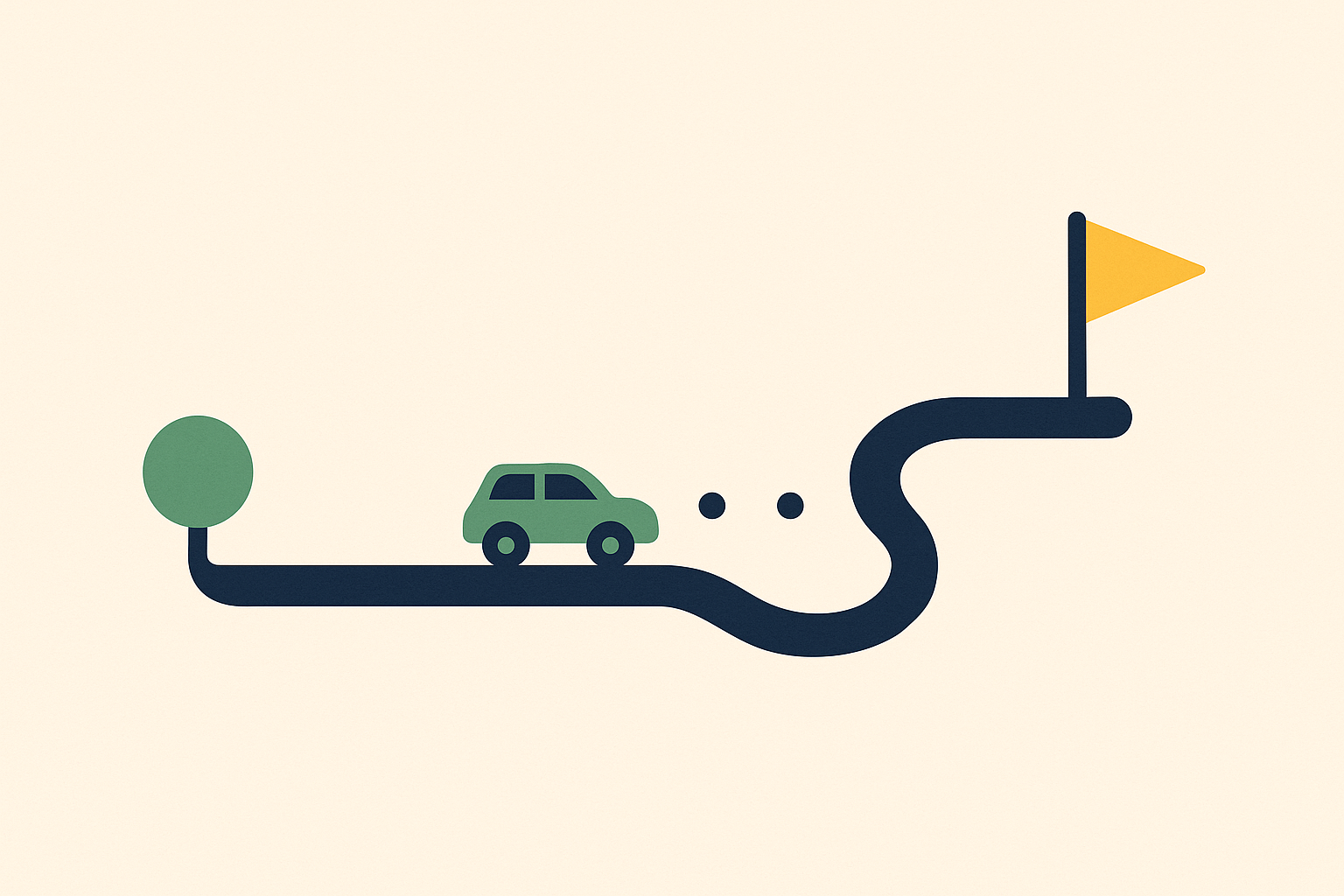 A car travelling along a winding road from a start marker to a finish flag