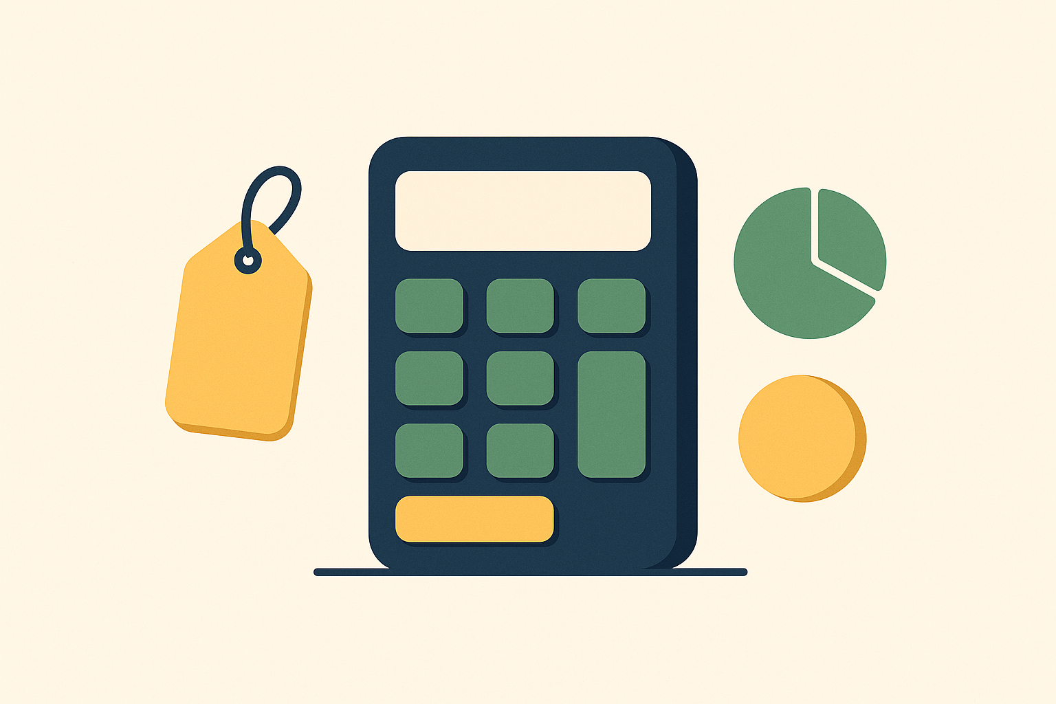 A calculator surrounded by a price tag, a coin, and a small pie chart